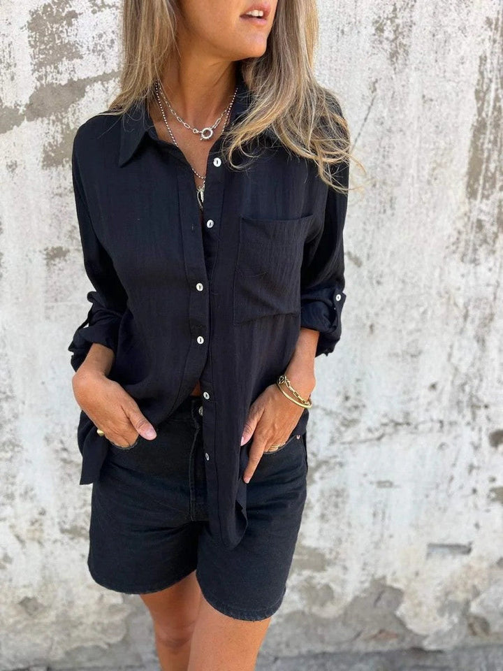 Women’s Long Sleeve Shirt - Relaxed Fit - Button-Down - Lapel Collar - Breathable Blend