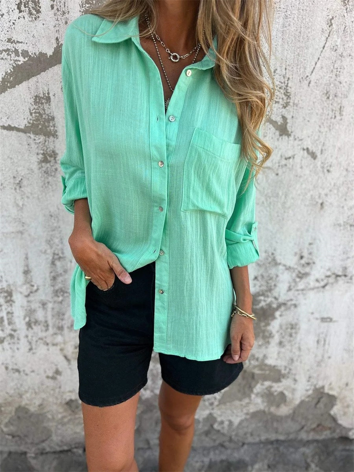 Women’s Long Sleeve Shirt - Relaxed Fit - Button-Down - Lapel Collar - Breathable Blend