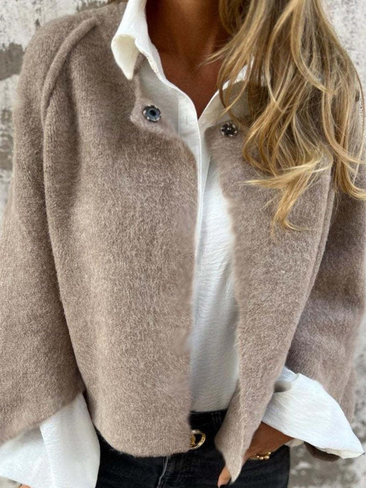 Women’s Wool Coat - Relaxed Fit - Button Front - Long Sleeve - Round Neck