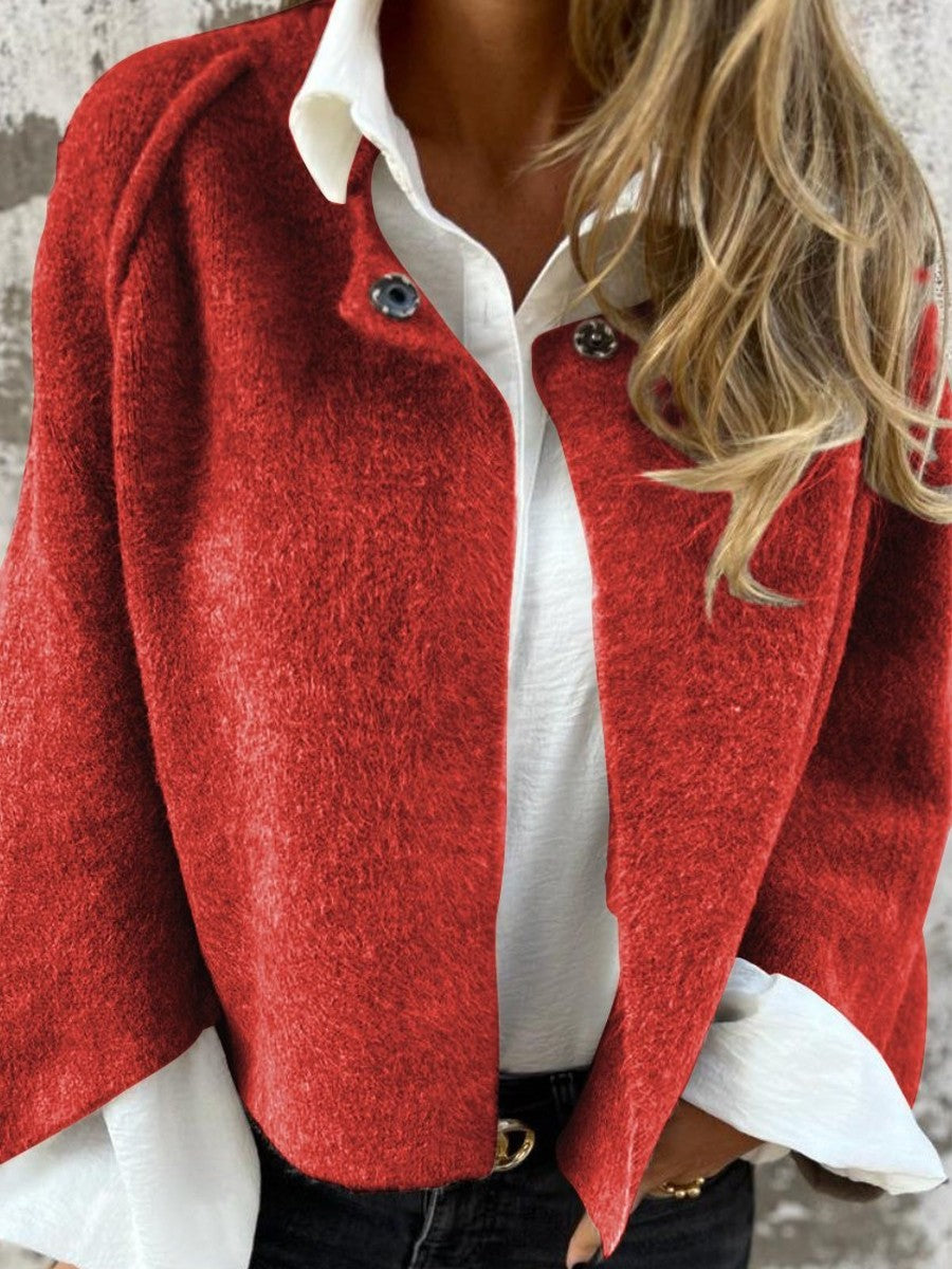 Women’s Wool Coat - Relaxed Fit - Button Front - Long Sleeve - Round Neck