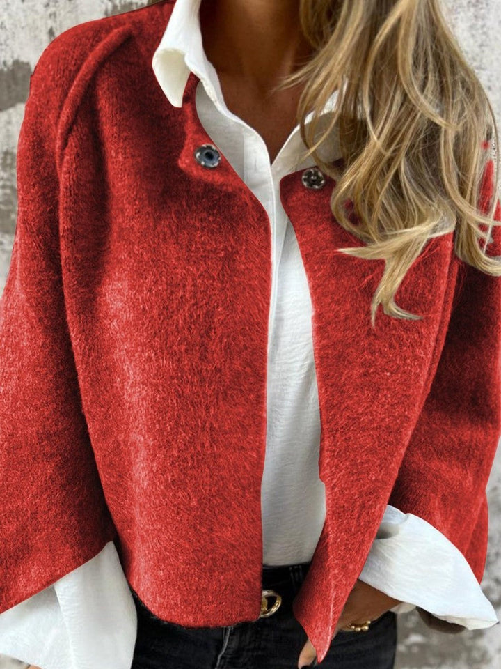 Women’s Wool Coat - Relaxed Fit - Button Front - Long Sleeve - Round Neck