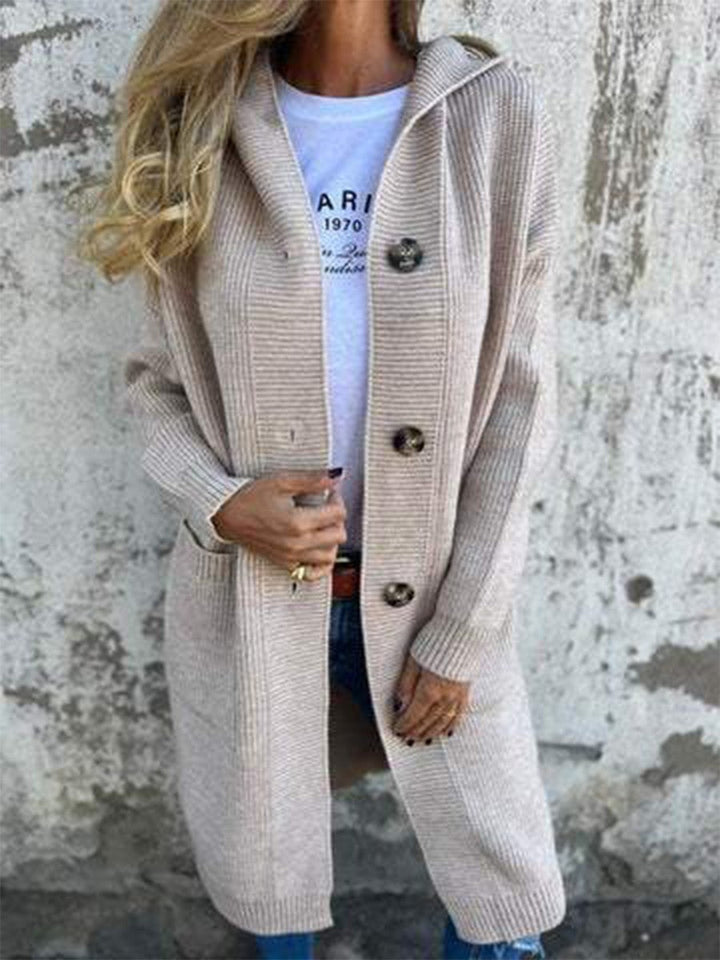 Women's Knitted Jacket - Soft Knit - Relaxed Fit - Hooded Button Front - Ribbed Texture