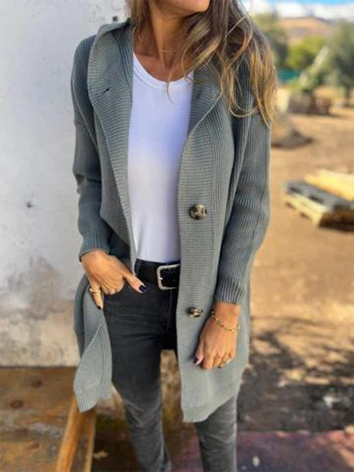 Women's Knitted Jacket - Soft Knit - Relaxed Fit - Hooded Button Front - Ribbed Texture