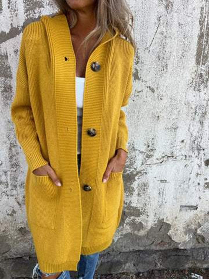 Women's Knitted Jacket - Soft Knit - Relaxed Fit - Hooded Button Front - Ribbed Texture