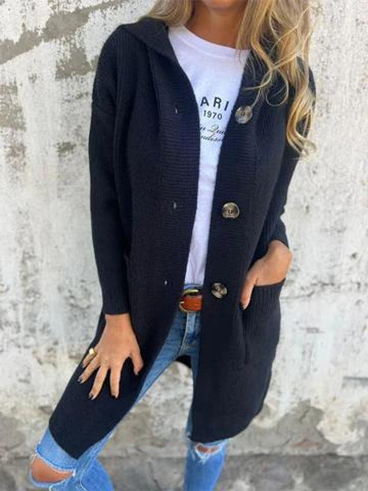 Women's Knitted Jacket - Soft Knit - Relaxed Fit - Hooded Button Front - Ribbed Texture
