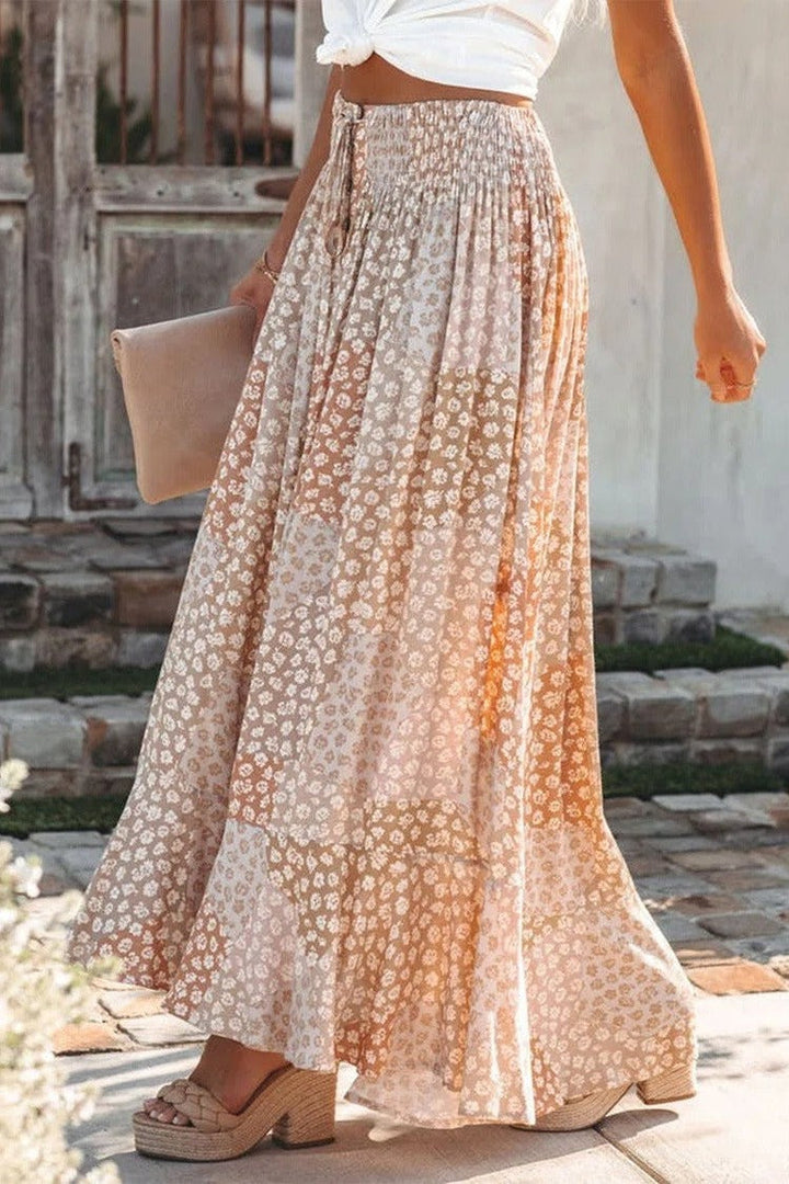 Women’s Maxi Skirt – Flowing Fit – Elastic Waist – Floral Print – Button Front – Natural Fibers