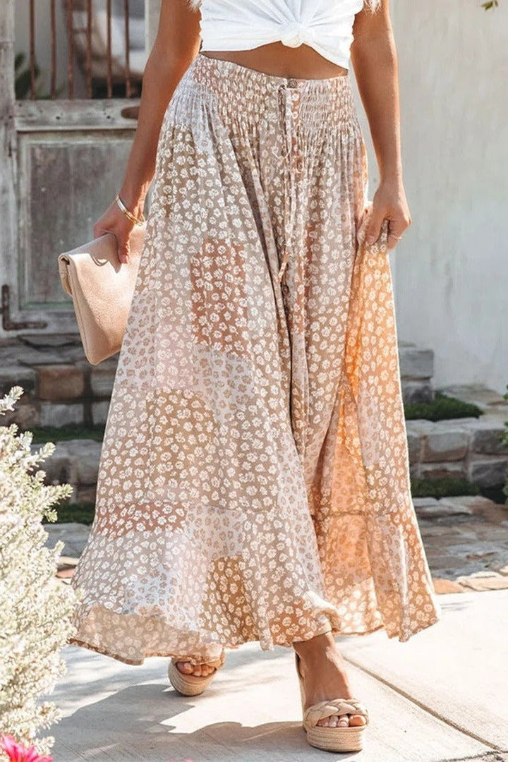 Women’s Maxi Skirt – Flowing Fit – Elastic Waist – Floral Print – Button Front – Natural Fibers