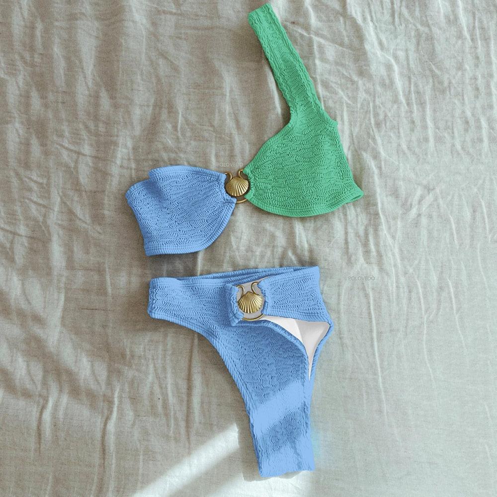 Women’s Bikini Set - Ribbed Stretch Fabric - Scoop Neck Top - High Waist Bottom
