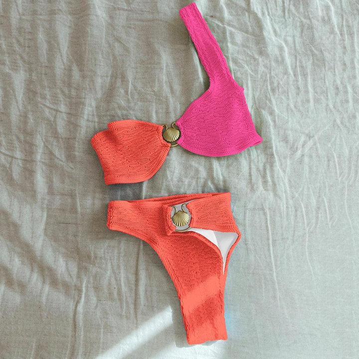 Women’s Bikini Set - Ribbed Stretch Fabric - Scoop Neck Top - High Waist Bottom