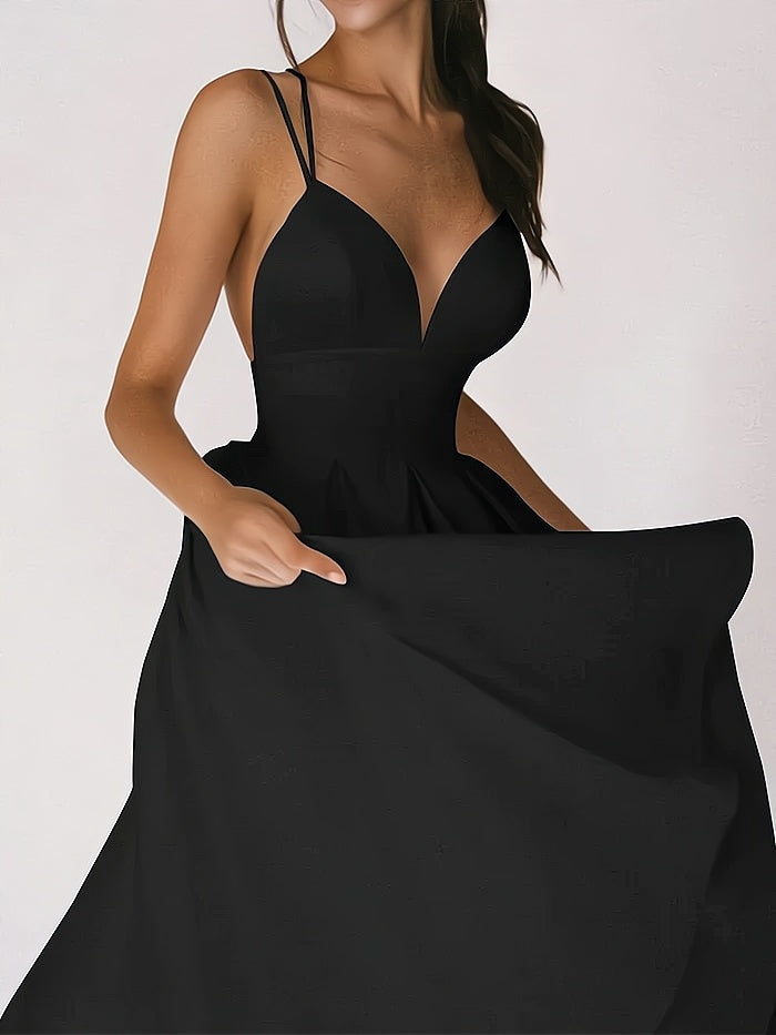 Women's Formal Dress - Satin Fabric - V-Neckline - Spaghetti Straps - Floor-Length Elegant Fit
