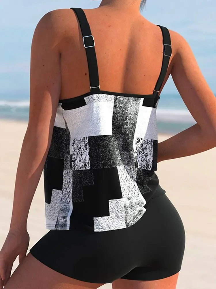 Women’s Tankini Set  – Relaxed Fit – Double Strap – Breathable Blend – Geometric Design