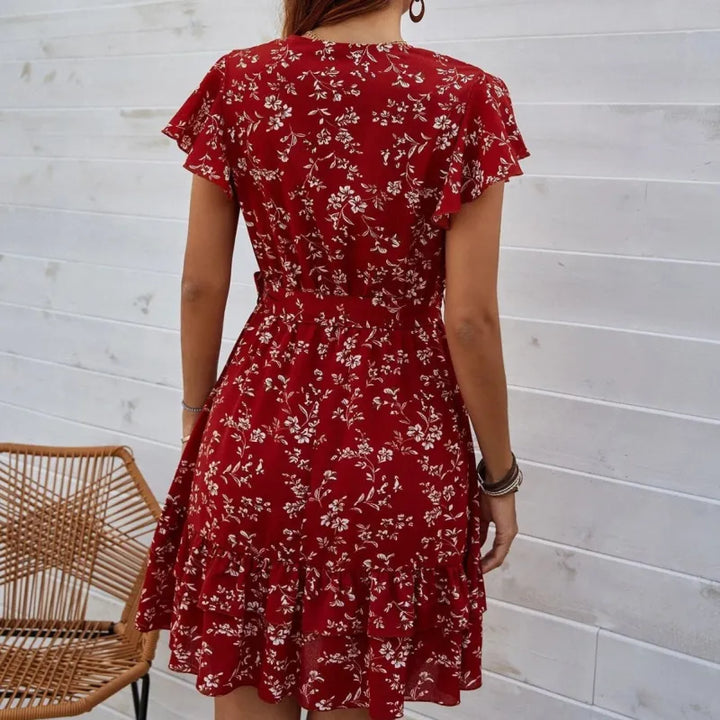 Women's Wrap Dress - Floral Print - Knee-Length - Short Flutter Sleeves - Adjustable Waist
