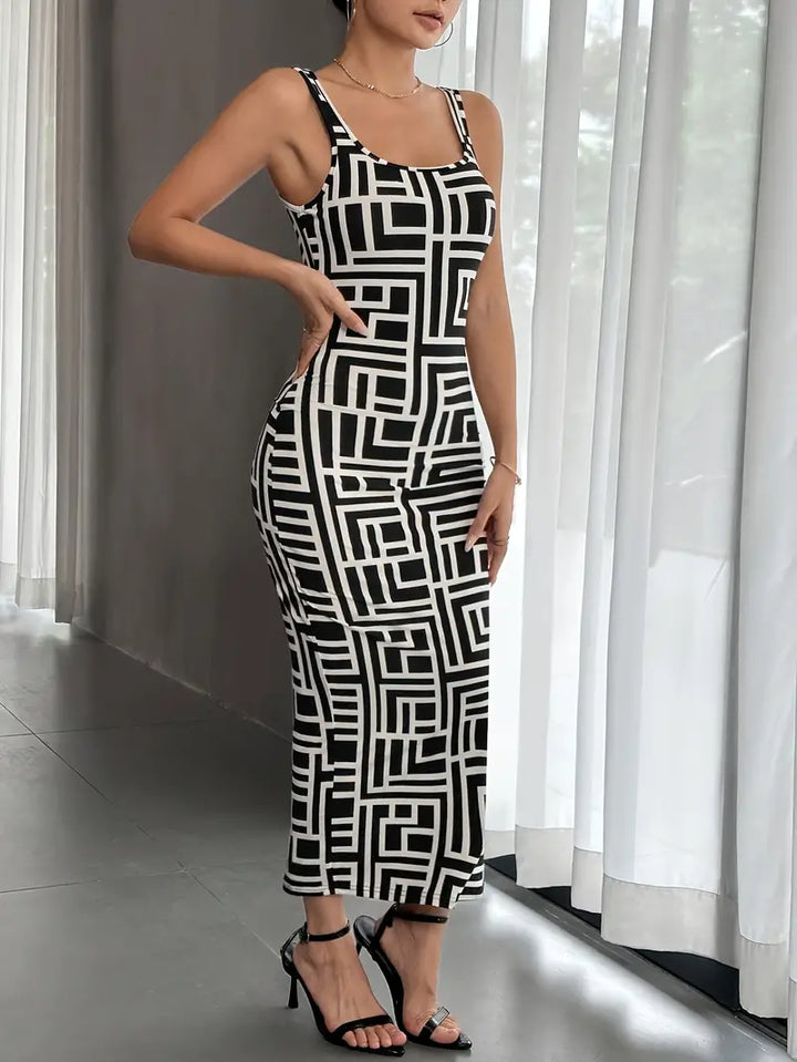 Women's Bodycon Dress - Geometric Pattern - Midi Length - Square Neck - Elegant Fit