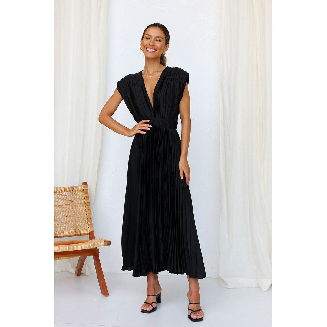 Women's Midi Dress - Deep V-Neck - Pleated Design - Cap Sleeves - Elegant Fit