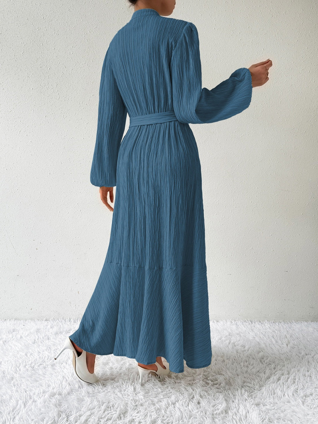 Women's Maxi Dress - Pleated Texture - Long Sleeve High Neck - Waist Tie Elegant Fit