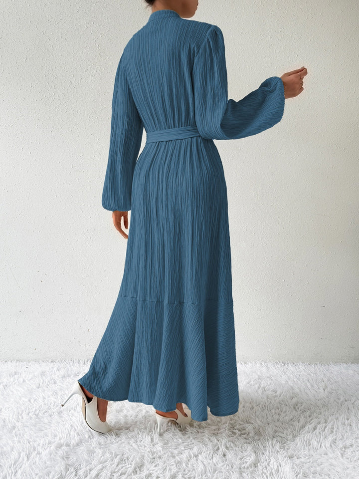 Women's Maxi Dress - Pleated Texture - Long Sleeve High Neck - Waist Tie Elegant Fit