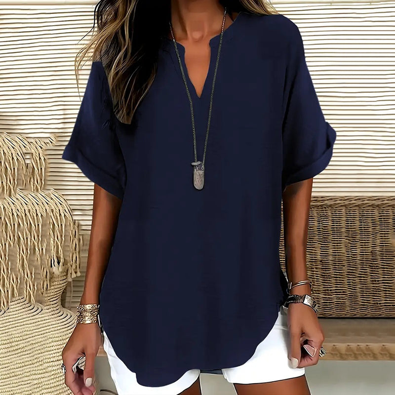 Women’s Blouse – Natural Fibers – Relaxed Fit – V-Neck – Short Sleeve – Hip Length