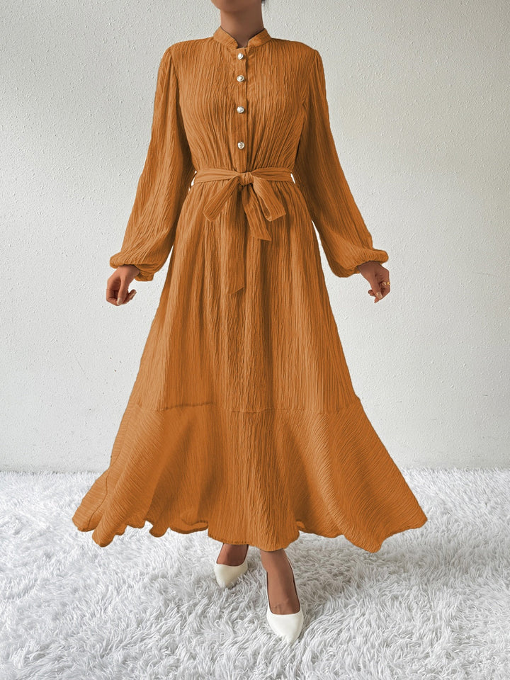 Women's Maxi Dress - Pleated Texture - Long Sleeve High Neck - Waist Tie Elegant Fit