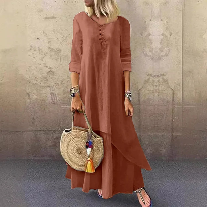Women’s Midi Dress – Natural Fibers – Relaxed Fit – 3/4 Sleeve – Layered Design