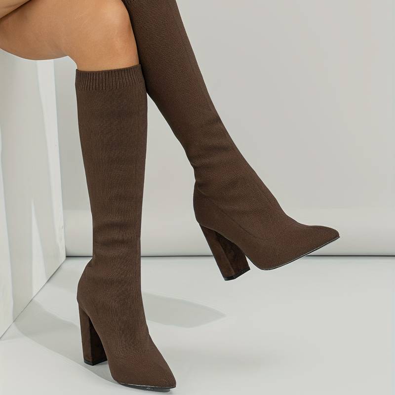 Women’s Knee-High Sock Boots – Slim Fit – Stretch Knit – Pointed Toe – Block Heel