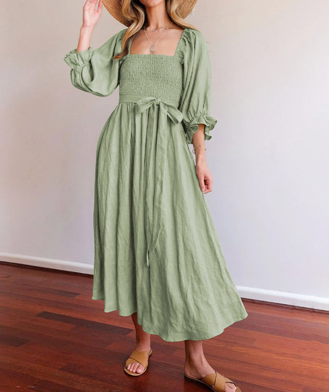 Women's Off-the-Shoulder Dress - Smocked Bodice - Puff Sleeves - Flowy Lightweight Fit