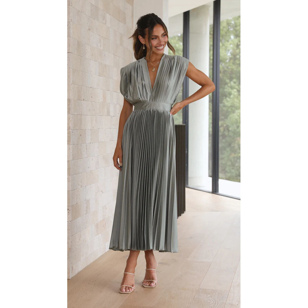 Women's Midi Dress - Deep V-Neck - Pleated Design - Cap Sleeves - Elegant Fit