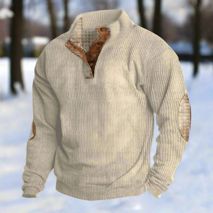 Men’s Knitted Sweater – Ribbed Texture – Relaxed Fit – High Button Collar – Elbow Patches