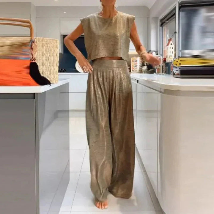 Women’s Two-Piece Set – Sleeveless Crop Top – Wide-Leg High-Waist Pants – Silk Look