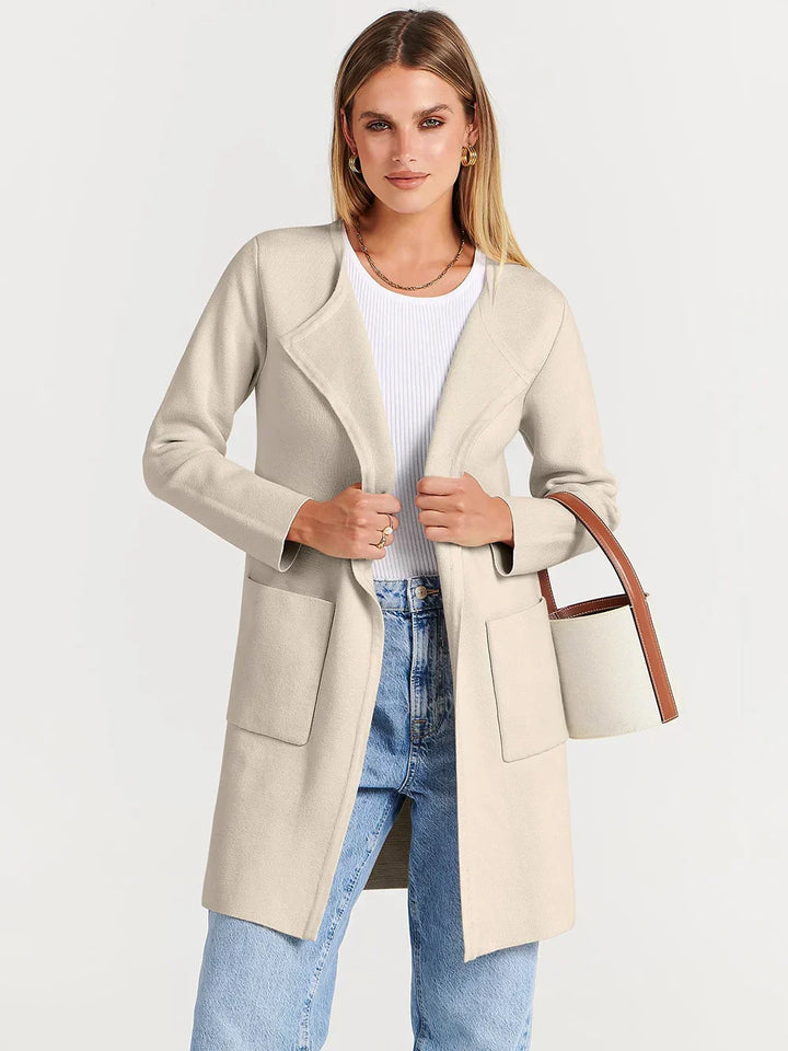 Women’s Knee-Length Coat - Wool Blend - Relaxed Fit - Wide Lapel Minimalist Design