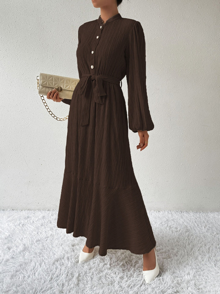 Women's Maxi Dress - Pleated Texture - Long Sleeve High Neck - Waist Tie Elegant Fit