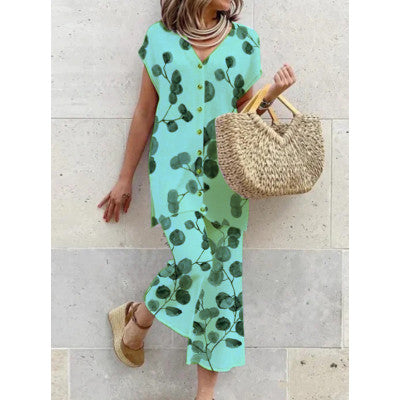 Women's Maxi Dress - Flowy Loose Fit - V-Neck Button Down - Short Sleeve Casual Wear