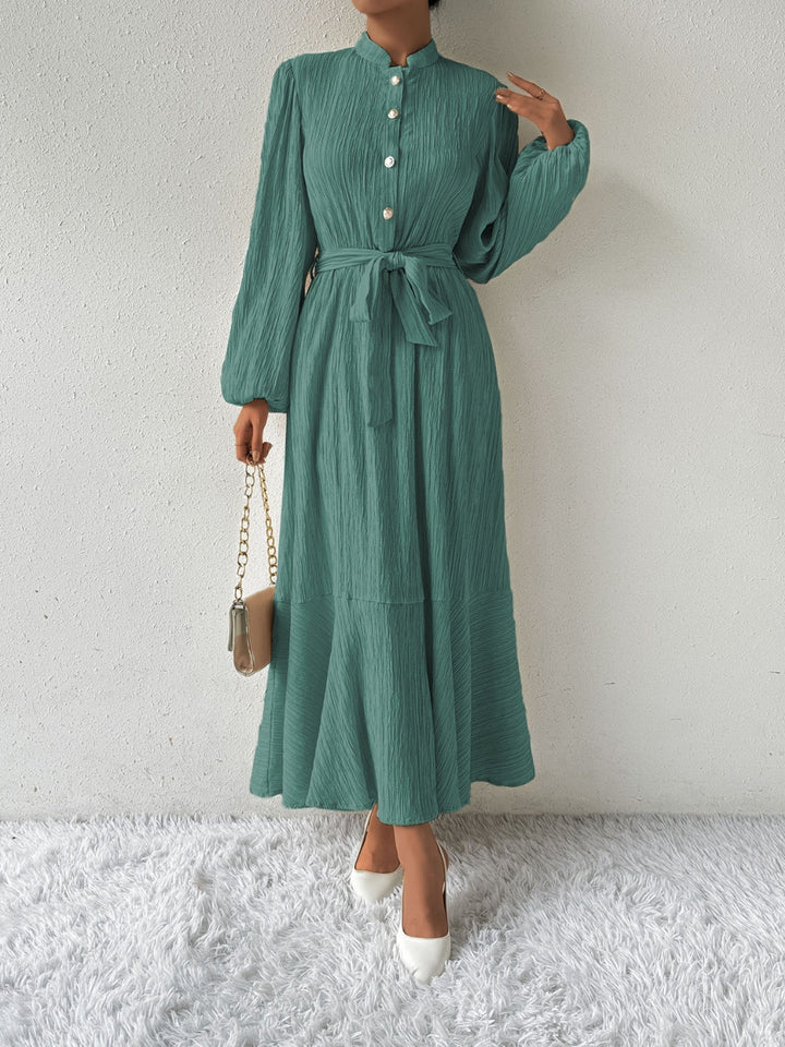 Women's Maxi Dress - Pleated Texture - Long Sleeve High Neck - Waist Tie Elegant Fit