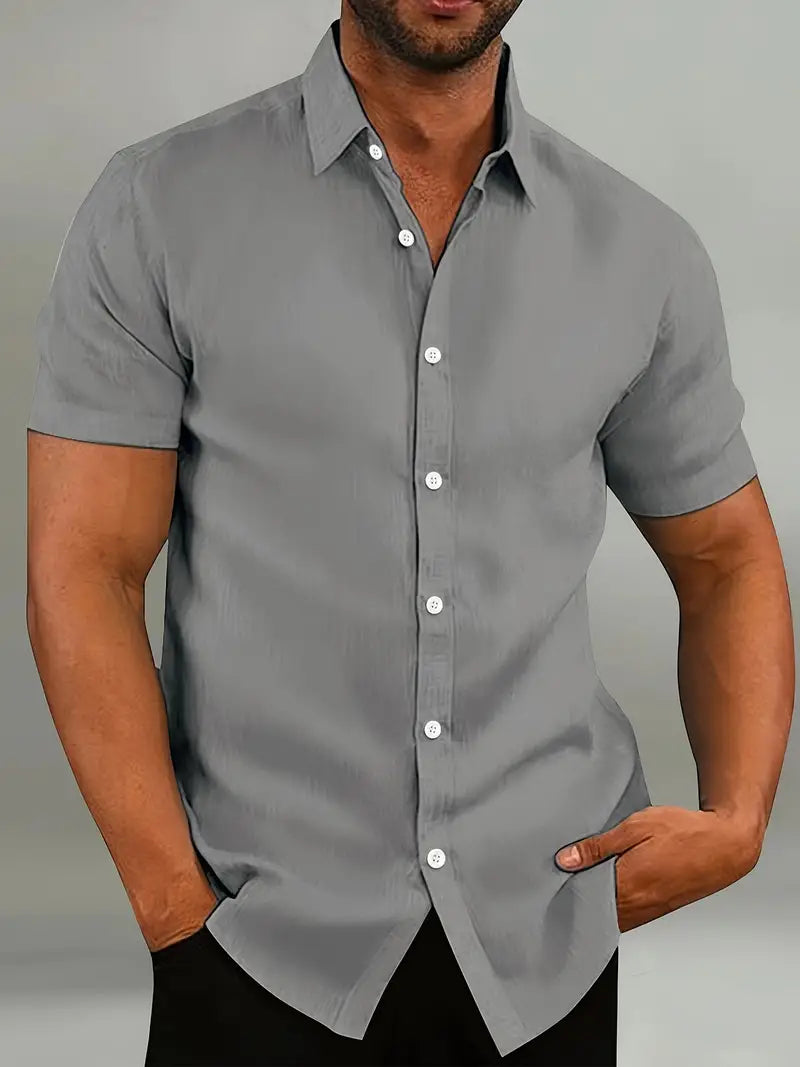 Men’s Button-Down Shirt - Tailored Fit - Short Sleeve - Natural Fibers - Casual Style