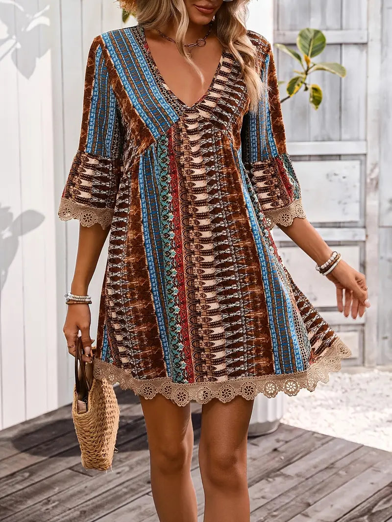 Women's Mini Dress - Bohemian Style - Deep V-Neck - Flowy Fit - Lace Detail - Tassels