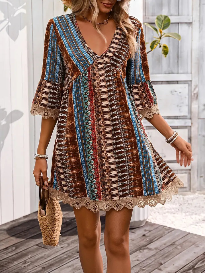Women's Mini Dress - Bohemian Style - Deep V-Neck - Flowy Fit - Lace Detail - Tassels