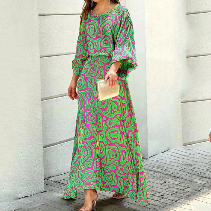 Women's Maxi Dress - Abstract Print - Relaxed Fit - Three-Quarter Sleeve - Flowy Elegant Style