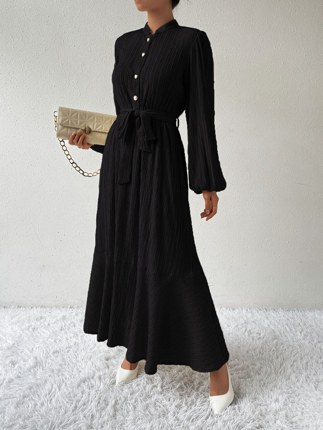 Women's Maxi Dress - Pleated Texture - Long Sleeve High Neck - Waist Tie Elegant Fit