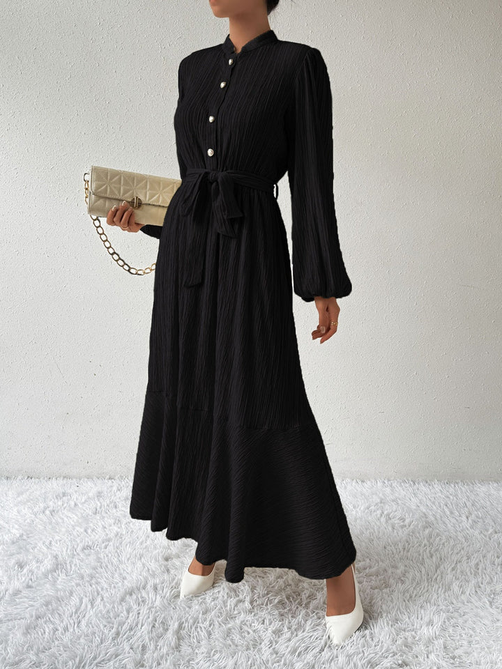 Women's Maxi Dress - Pleated Texture - Long Sleeve High Neck - Waist Tie Elegant Fit