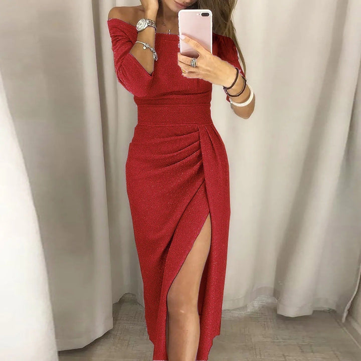 Women's Off-Shoulder Bodycon Dress - Glittery Metallic Finish - Three-Quarter Sleeves - High Slit