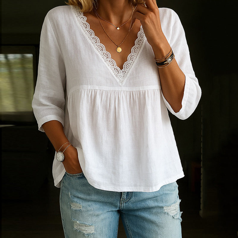 Women’s V-Neck T-Shirt – Natural Fibers – Relaxed Fit – Lace Trim – 3/4 Sleeve