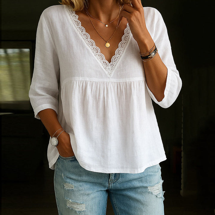 Women’s V-Neck T-Shirt – Natural Fibers – Relaxed Fit – Lace Trim – 3/4 Sleeve
