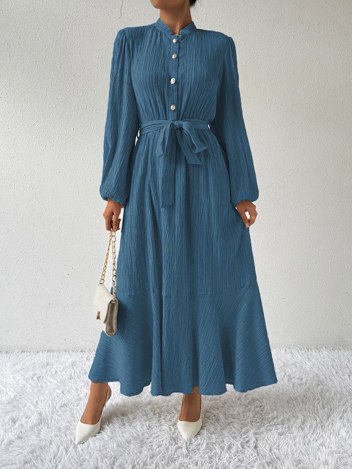 Women's Maxi Dress - Pleated Texture - Long Sleeve High Neck - Waist Tie Elegant Fit