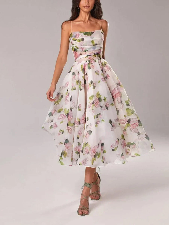 Women’s Midi Dress – A-Line Fit – Spaghetti Straps – Lightweight Floral Fabric