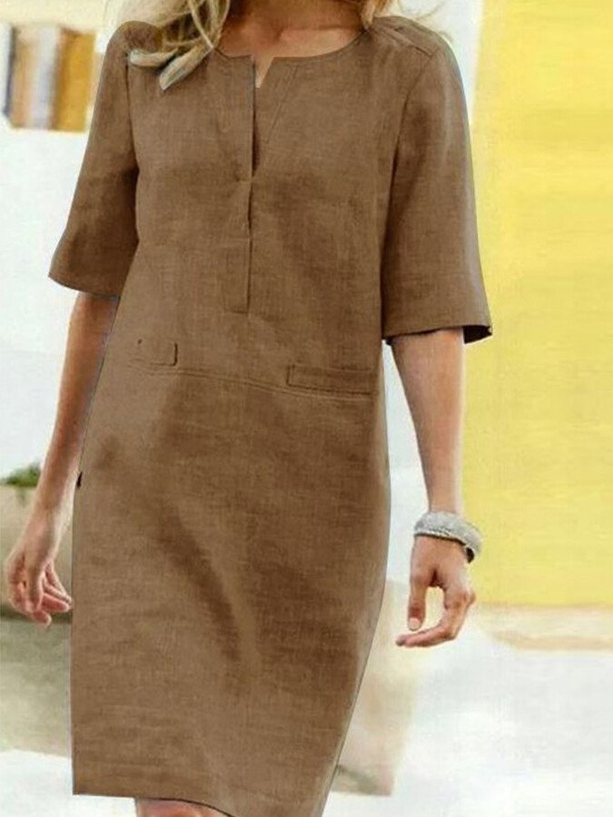 Women's Shift Dress - Linen Blend - Short Sleeve - Relaxed Fit - Knee Length - Pockets