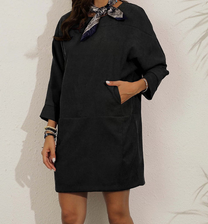Women's Tunic Dress - Oversized Loose Fit - Three-Quarter Sleeve - Soft Suede Texture