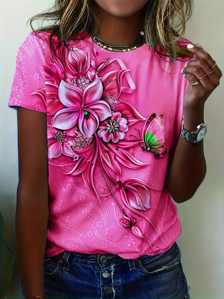 Women's Graphic T-Shirt - Floral Print - Round Neck - Short Sleeve Casual Wear