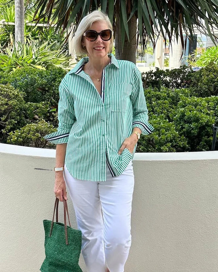 Women’s Button-Up Shirt – Lightweight Cotton – Relaxed Fit – Striped Casual Style