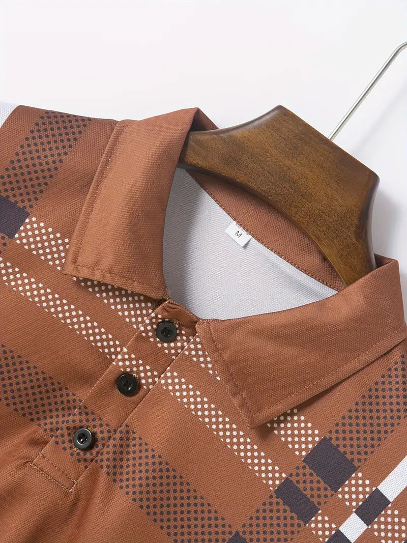 Men's Polo Shirt - Plaid Pattern - Slim Fit - Short Sleeve Button-Down Collar