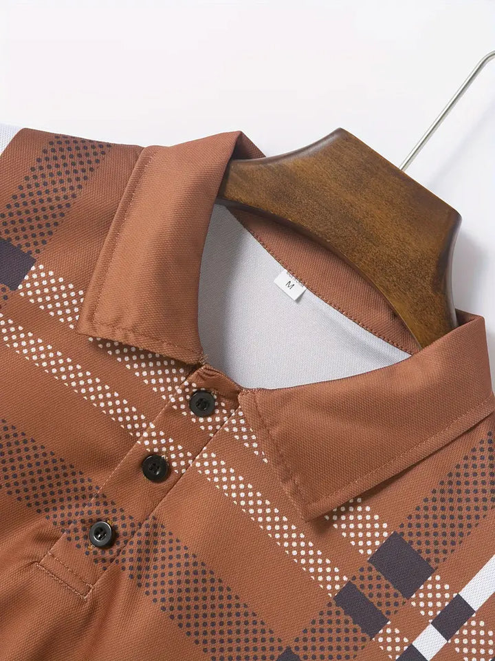 Men's Polo Shirt - Plaid Pattern - Slim Fit - Short Sleeve Button-Down Collar