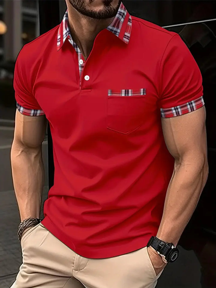 Men’s Polo Shirt - Plaid Collar & Sleeve Trim - Short Sleeve - Buttoned Placket - Chest Pocket
